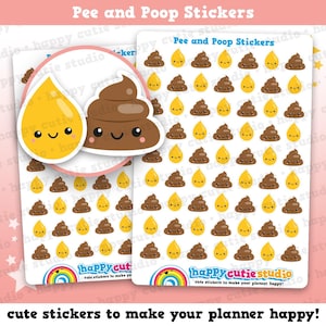 May include: Two sheets of stickers with a "Pee and Poop Stickers" theme. The stickers feature smiling yellow urine drops and smiling brown poop emojis. The text "happy cutie studio" and "cute stickers to make your planner happy!" are also visible.