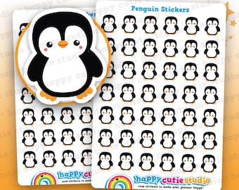 Puede incluir: Una hoja de 60 pegatinas de pingüinos en blanco y negro. Las pegatinas están dispuestas en una cuadrícula sobre un fondo blanco. El texto "Penguin Stickers!" está en la parte superior de la hoja. El texto "cute stickers to make your planner happy!" está en la parte inferior de la hoja.
