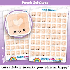 May include: Two sheets of "Patch Stickers" with a repeating pattern of smiling, heart-shaped characters in a light peach colour. The stickers have a square shape with rounded corners. The text "happy cutie studio" and a rainbow are at the bottom.
