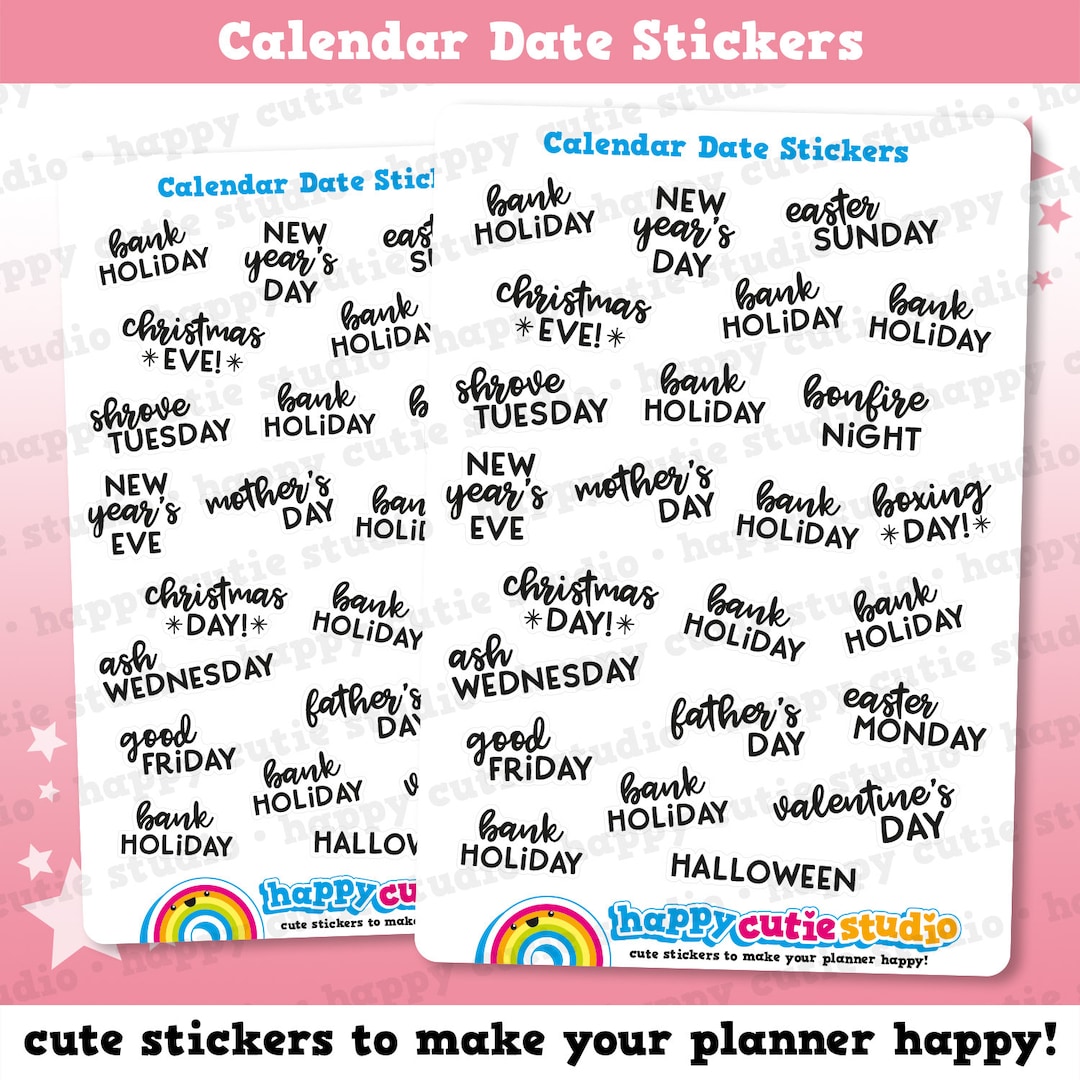 24 Cute Calendar Events/holidays/calendar/bank Holidays Planner Stickers 