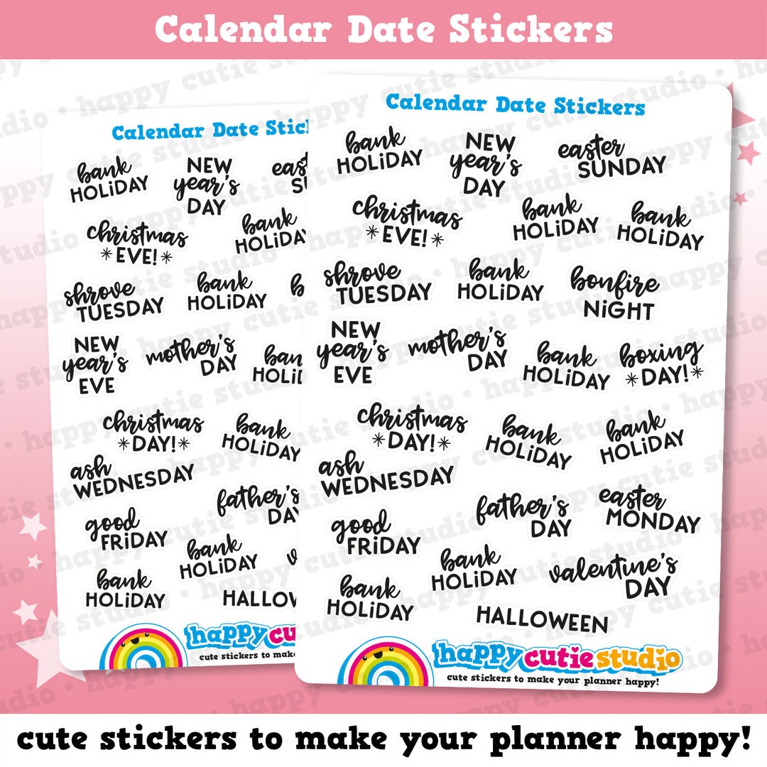 24 Cute Calendar Events/holidays/calendar/bank Holidays Planner Stickers 