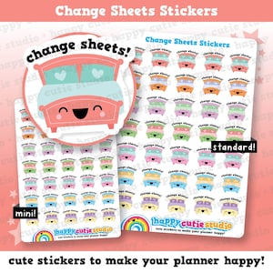 May include: Cute planner stickers with a bed and text that says "change sheets!" and "change sheets stickers". The stickers are in various colors and sizes, with a rainbow and the words "happy cutie studio".