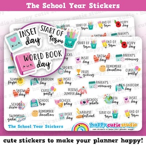 May include: A sheet of colorful school year stickers with various designs, including a pink book, pencils, and a calendar. The stickers feature phrases like "World Book Day" and "Start of Term". The text "The School Year Stickers" is also visible.