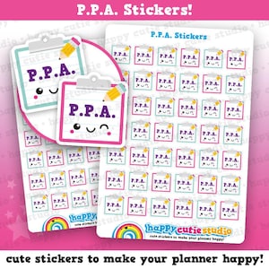 May include: Sticker sheets with a clipboard design, the letters "P.P.A." and a smiling face. The stickers are in pink and blue, with a yellow pencil accent. The text "P.P.A. Stickers!" is at the top. Cute stickers to make your planner happy!