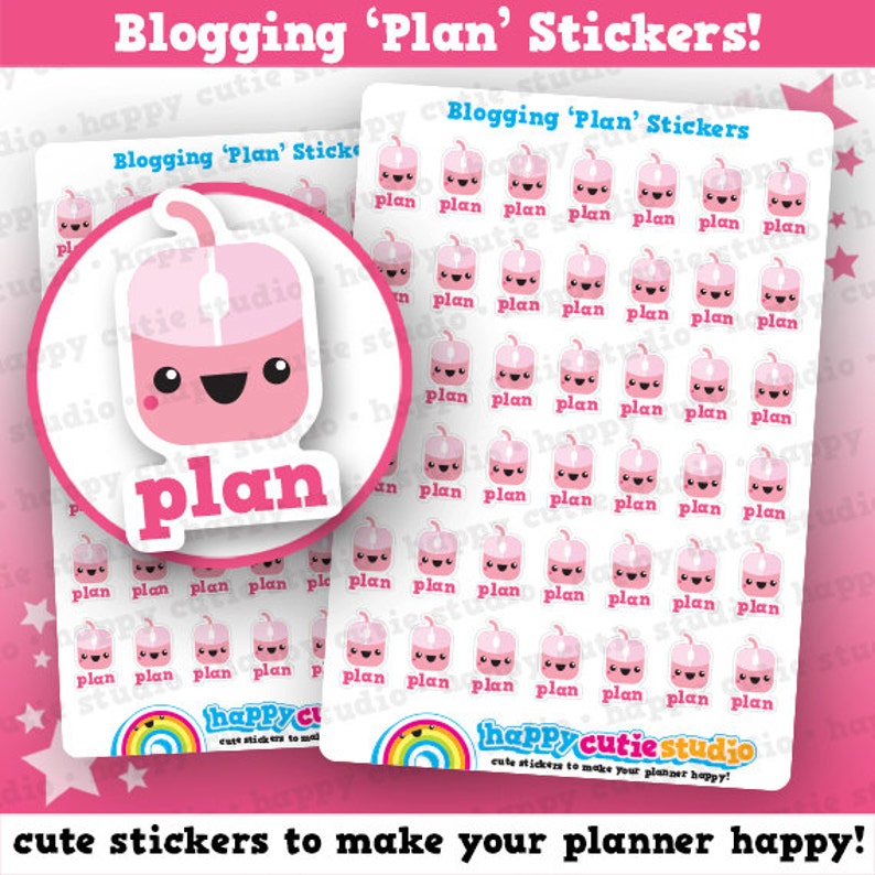 May include: Two sheets of pink planner stickers. One sheet features a large pink mouse with the word "plan". The other sheet has multiple small pink drink stickers with the word "plan". The text "Blogging 'Plan' Stickers!" is at the top.