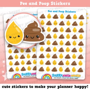 May include: A sheet of stickers featuring cute cartoon pee and poop emojis. The stickers are yellow and brown with happy faces. The text "Pee and Poop Stickers" is at the top of the sheet.