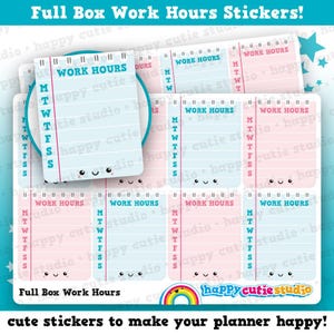 May include: Planner stickers with the text "Full Box Work Hours Stickers!" in pink and blue. Each sticker has a cute face design and the text "WORK HOURS". The stickers are designed to help organise work hours in a planner.