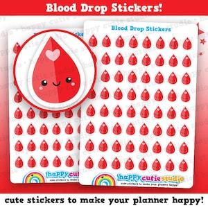 May include: Two sticker sheets displaying red blood drop designs with smiling faces and heart details. The stickers are labelled "Blood Drop Stickers!" and "happy cutie studio". The text at the bottom reads "cute stickers to make your planner happy!"