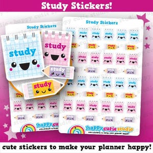 May include: Sheets of study stickers featuring notebook and pencil designs in blue, pink, yellow, and purple. The stickers have the word "study" and cute faces. The text "Study Stickers!" is at the top.