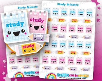 May include: Sheets of study stickers featuring notebook and pencil designs in blue, pink, yellow, and purple. The stickers have the word "study" and cute faces. The text "Study Stickers!" is at the top.