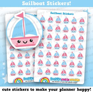 May include: Two sheets of sailboat stickers. Each sticker features a pink and blue sailboat with a smiling face. The stickers have a white background. The text "Sailboat Stickers!" is at the top. The bottom text reads "cute stickers to make your planner happy!"