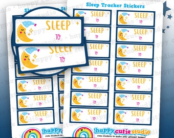 May include: Sheets of sleep tracker stickers with a crescent moon wearing a nightcap. The stickers have the words "Sleep To" and are designed to be used in a planner. The stickers are from Happy Cutie Studio.