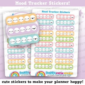 May include: Sheets of mood tracker stickers with different facial expressions in pastel colours. The stickers are in yellow, purple, and green. The text "Mood Tracker Stickers!" is at the top. The bottom text reads "cute stickers to make your planner happy!"