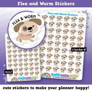May include: Sheets of stickers with a cartoon dog design, labeled "Flea & Worm." The stickers are in mini and standard sizes, with the text "cute stickers to make your planner happy!" and a rainbow graphic.