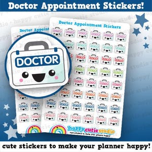 May include: Sheets of planner stickers with a doctor theme. The stickers feature a smiling doctor's bag design in various colors. The text "Doctor Appointment Stickers!" is at the top. The stickers are from Happy Cutie Studio.