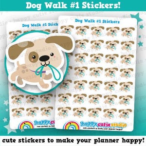 May include: Sticker sheets with a dog theme. The stickers feature a cartoon dog with a leash in its mouth. The text "Dog Walk #1 Stickers!" is at the top. The stickers are designed to make your planner happy.