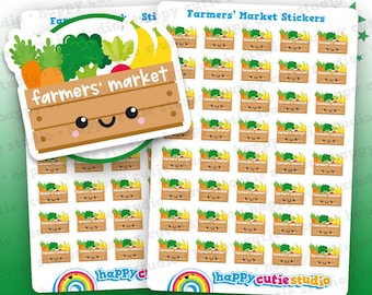 May include: Sheet of stickers featuring a cartoon wooden crate filled with produce, including carrots, broccoli, and bananas. The crate has a smiling face and the words "Farmers' Market" printed on it. The stickers are designed to make your planner happy.