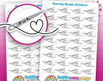 May include: Two sheets of planner stickers featuring a sewing needle with a heart-shaped thread design. The stickers are white with black and gray illustrations. The text "Sewing Needle Stickers" is at the top.