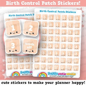 May include: Sheets of birth control patch stickers with cute, smiling faces. Each sticker is peach-colored and numbered 1, 2, 3, or says "week off." The text "Birth Control Patch Stickers" is at the top. The bottom says "cute stickers to make your planner happy!"
