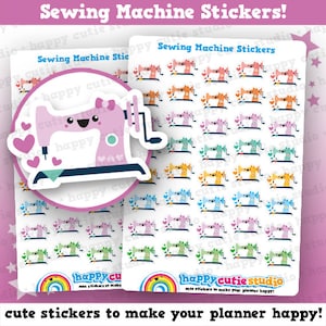 May include: A sheet of colourful sewing machine stickers with a larger sticker of a pink sewing machine with a smiling face and hearts. The text "Sewing Machine Stickers!" is at the top of the sheet. The text "cute stickers to make your planner happy!" is at the bottom of the sheet.