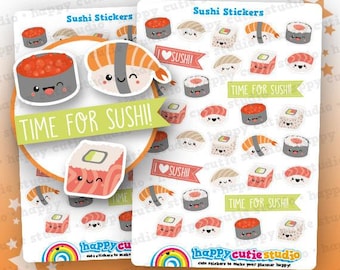 Puede incluir: Dos hojas de pegatinas de sushi con ilustraciones de sushi, incluyendo nigiri y rollos maki. Las pegatinas presentan personajes de sushi lindos y sonrientes y frases como "Time for Sushi!" y "I Sushi!" Las pegatinas están diseñadas para hacer feliz tu agenda.