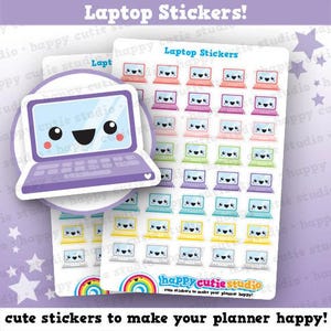 May include: Sheets of laptop stickers in various colours, including pink, purple, green, blue, yellow, and grey. Each sticker features a smiling laptop design. The text "Laptop Stickers!" and "cute stickers to make your planner happy!" are visible.