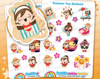 May include: Summer Fun Stickers featuring cartoon girls enjoying summer activities. The stickers include images of girls sunbathing, swimming, and eating watermelon. The stickers are designed to make your planner happy.
