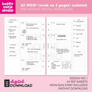 Könnte beinhalten: Ein rosa-weißer A5-Planereinsatz mit Wochenlayout. Die undatierten Seiten enthalten Platz für Termine, To-Do-Listen und einen Gewohnheitstracker. Der Text "happy cutie studio" befindet sich oben links.