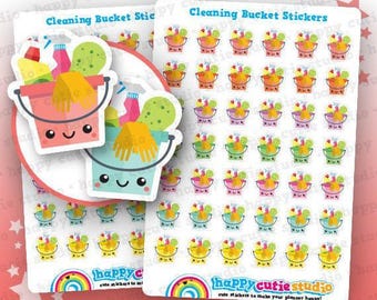 May include: Sheets of planner stickers featuring cleaning buckets with smiling faces, cleaning supplies, and the text "Cleaning Bucket Stickers!". The stickers are in various colors, including pink, blue, yellow, and green. The bottom of the sheet has the text "happy cutie studio".
