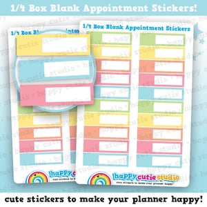 May include: Sheets of colorful planner stickers with the text "1/4 Box Blank Appointment Stickers!" in a variety of pastel colors. Each sticker has a white rectangular space for writing. The logo "happy cutie studio" is at the bottom.
