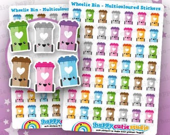 May include: Two sheets of colorful wheelie bin stickers. The stickers feature smiling trash cans in various colors, including green, gray, purple, brown, pink, orange, and blue, each with a heart. The text "Wheelie Bin - Multicoloured Stickers" is visible.