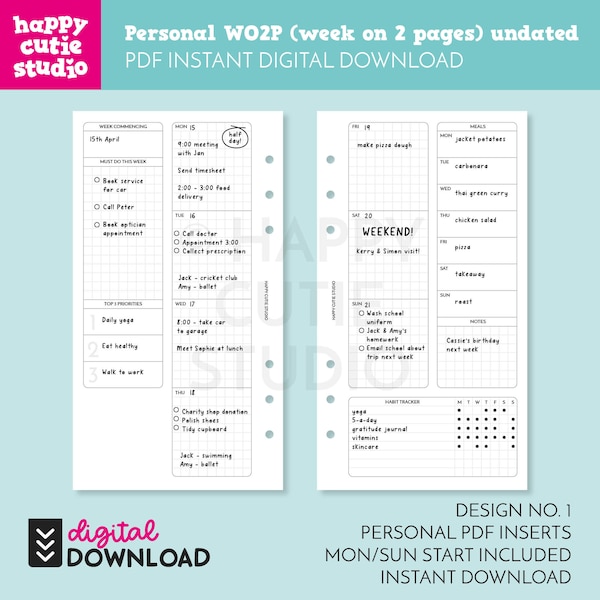 DIGITAL DOWNLOAD - WO2P - Design No. 1 - Undated Weekly Personal Printable Planner Inserts - WO2P - Week On 2 Pages - PDF