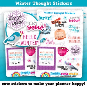 以下が含まれることがあります： 雪の結晶、青い鳥、ホットチョコレートのカップ、セーターなどのイラストが描かれた、カラフルな冬のテーマのステッカーのセットです。ステッカーには、「とても寒い！」や「雪が降るといいな！」などのフレーズが書かれています。