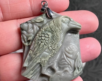 Raven Crow Bird Carved Jasper Stone Pendant Jewelry