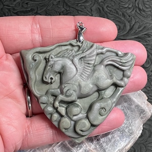 Flying Pegasus Winged Horse in the Clouds Pendant Jasper Stone Jewelry