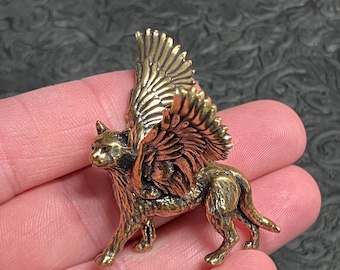 Miniature Solid Brass Winged Angel Cat Figurine