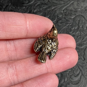 Pode incluir: Um pequeno pingente de pássaro de latão, em estilo antigo. O pássaro é detalhado com penas texturizadas e um pequeno laço para pendurar. O pingente é segurado em uma mão.