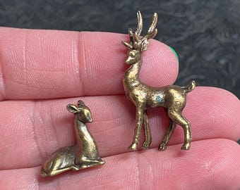 Tiny Miniature Solid Brass Doe and Buck Deer Figurines