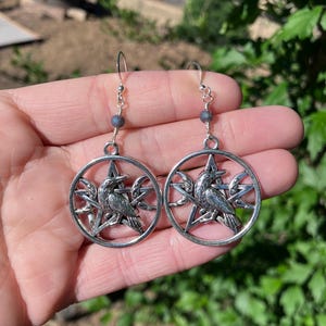 Crow Raven Crescent Moons Pentagram Wiccan Witchy Halloween Earrings