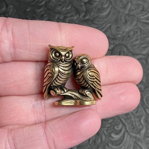 May include: A detailed, brass-colored owl figurine set. The larger owl sits beside a smaller one, both perched on a branch. The owls have textured feathers and large, detailed eyes. The figurine is likely a decorative item or collectible.
