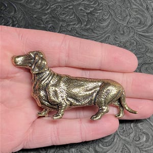 May include: A detailed bronze-colored dachshund figurine. The dog is sculpted with realistic features, including its long body, short legs, and floppy ears. The figurine is a decorative item, likely a collectible or a piece of home decor.