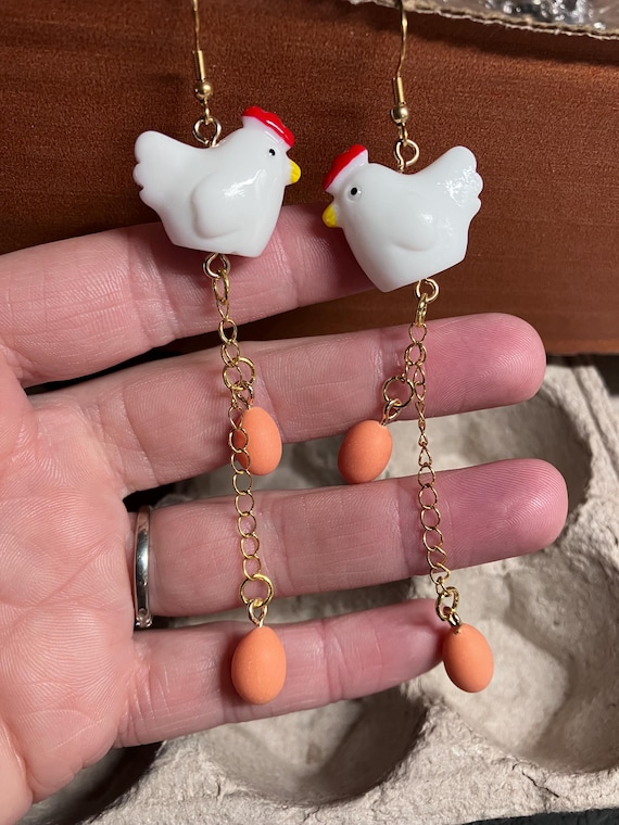 Dangly Chicken and White or Brown Egg Earrings