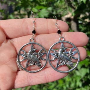 Crow Raven and Crescent Moons Pentagram Wiccan Witchy Halloween Earrings