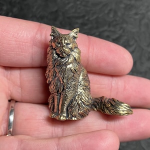 May include: A detailed bronze cat figurine, featuring a long-haired breed in a seated position. The sculpture has intricate fur detailing and a slightly aged appearance, with a long, curled tail. The cat is held in a hand, showcasing its size and detail.