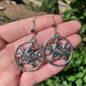Crow Raven and Crescent Moons Pentagram Wiccan Witchy Halloween Earrings