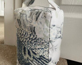 Blue & white peacock and branches doorstop - Laura Ashley fabric door holder - Weighted - zero waste