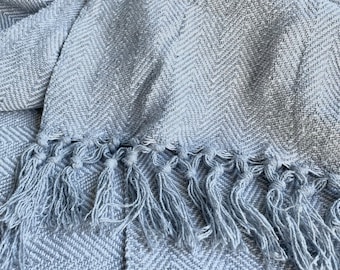 Chevron Zigzag Blanket - King sized & heavy - silver grey argent - recycled cotton - tassel edged