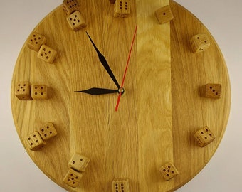 Oak Wood Wall Clock - Lucky Dice 3D