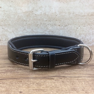 May include: A black leather dog collar with a silver buckle and a silver D-ring. The collar is stitched with white thread.