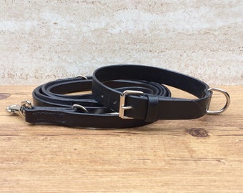 Halsband und Leine aus Leder als Set, Hundehalsband ungepolstert, verstellbare Lederleine, schwarz